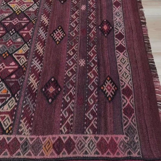 7x13 eggplant purple oxblood red Vintage 1940s Kurdish Kars kilim rug with tribal motifs. Handmade wool flatweave rug — perfect for long living rooms, hallways, great rooms, and layered interiors. From Indigo Rugs, Burlingame CA. Free shipping.