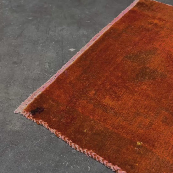Vintage terracotta orange  abstract transitional Turkish mini rug 21x39 with subtle tonal variations and minimalist design, handmade wool rug from Indigo Rugs in Burlingame, San Francisco Bay Area. Doormat bathmat perfect foe entry doorway kitchen. Free shipping.