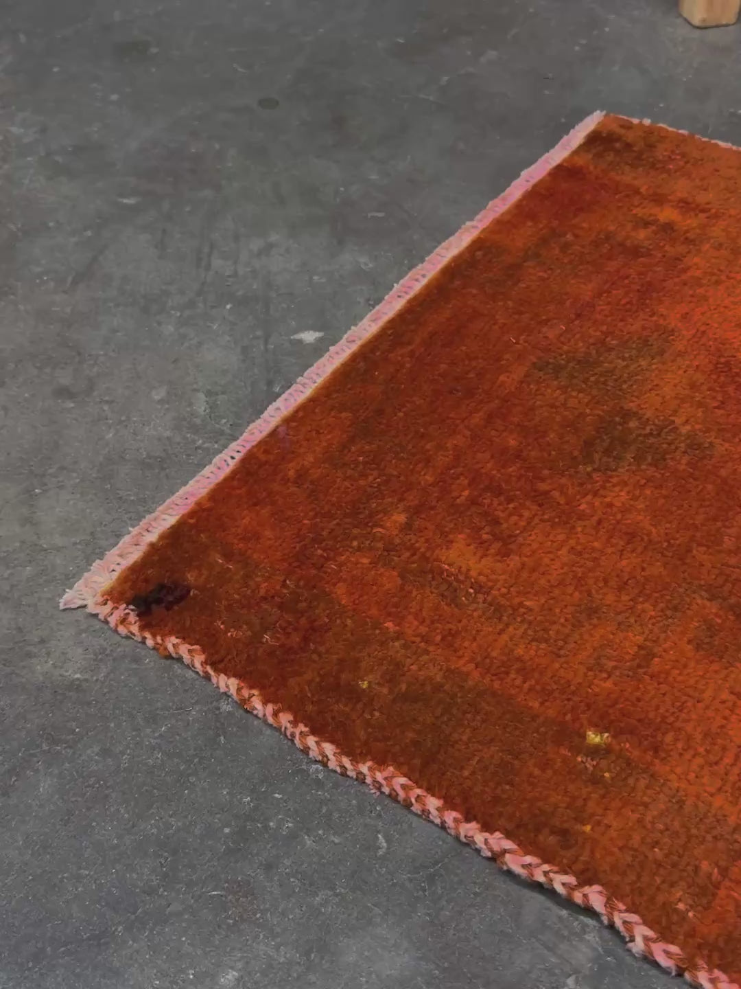 Vintage terracotta orange  abstract transitional Turkish mini rug 21x39 with subtle tonal variations and minimalist design, handmade wool rug from Indigo Rugs in Burlingame, San Francisco Bay Area. Doormat bathmat perfect foe entry doorway kitchen. Free shipping.