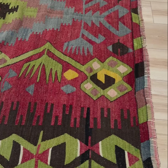 Vintage Esme Turkish kilim rug featuring in madder red, olive green colors, geometric medallions, handmade Anatolian wool flatweave rug measuring 6x10 in excellent vintage condition.