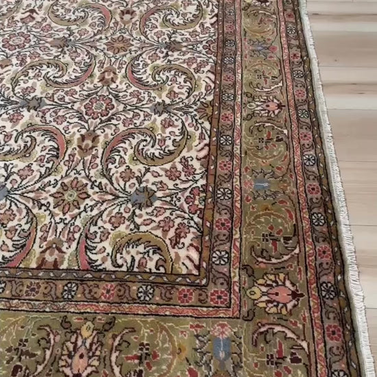 Vintage Turkish floral 8x11 rug with intricate allover design in ivory, terracotta, and gold tones, perfect for living room, bedroom, or dining room décor. Elegant yet versatile, this rug complements traditional, classic, and eclectic home styles. Handmade with timeless craftsmanship, it adds warmth and sophistication to any space. Available from the best rug shop in Burlingame, SF Bay Area with free shipping.
