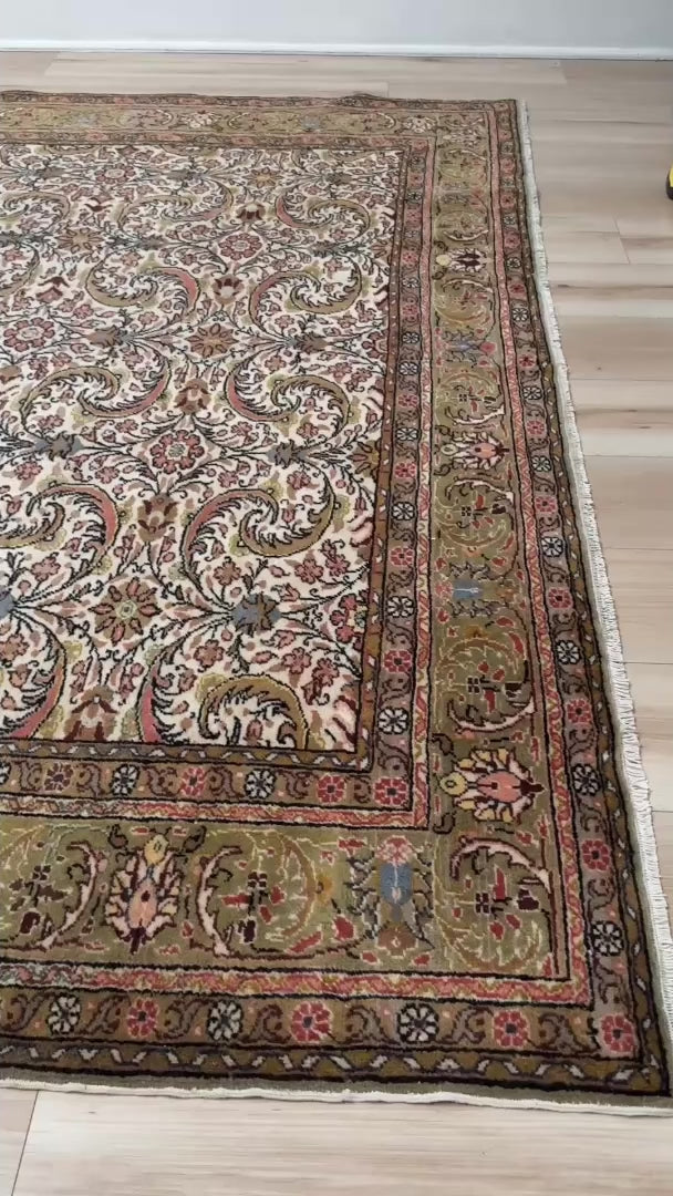Vintage Turkish floral 8x11 rug with intricate allover design in ivory, terracotta, and gold tones, perfect for living room, bedroom, or dining room décor. Elegant yet versatile, this rug complements traditional, classic, and eclectic home styles. Handmade with timeless craftsmanship, it adds warmth and sophistication to any space. Available from the best rug shop in Burlingame, SF Bay Area with free shipping.