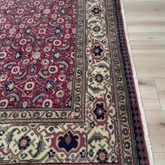 Vintage Turkish floral 8x10 rug with Caucasian design in ruby red, cream, and navy blue, perfect for living rooms, bedrooms, and dining rooms. Complements traditional, eclectic, bohemian, and classic home décor styles. From the best rug shop in Burlingame, SF Bay Area, with free shipping.