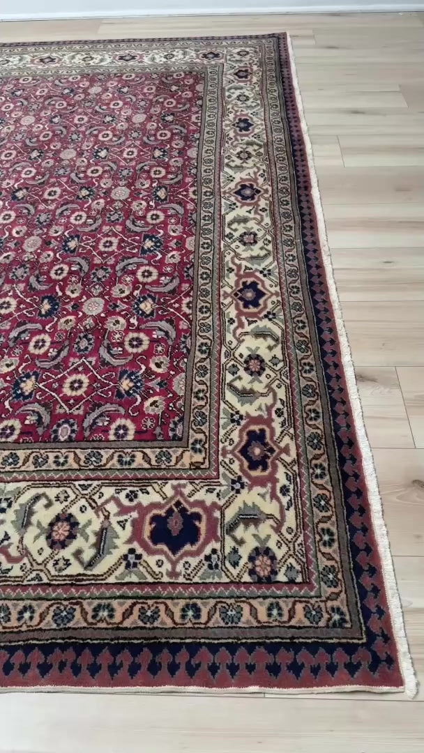 Vintage Turkish floral 8x10 rug with Caucasian design in ruby red, cream, and navy blue, perfect for living rooms, bedrooms, and dining rooms. Complements traditional, eclectic, bohemian, and classic home décor styles. From the best rug shop in Burlingame, SF Bay Area, with free shipping.