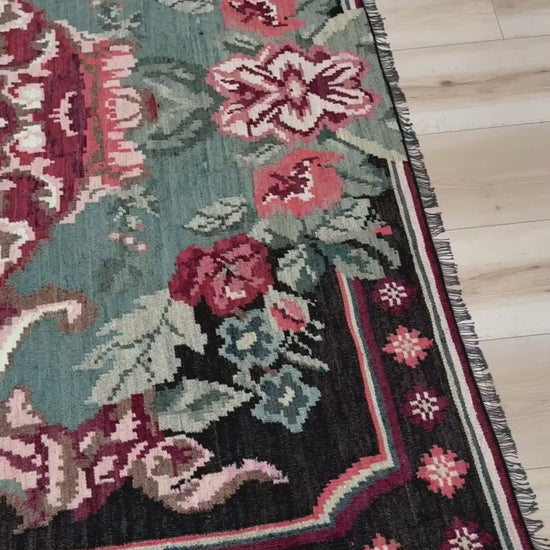 Vintage Moldovan rose kilim floral rug handmade wool flatweave 6x10  from Indigo Rugs Burlingame Bay Area.