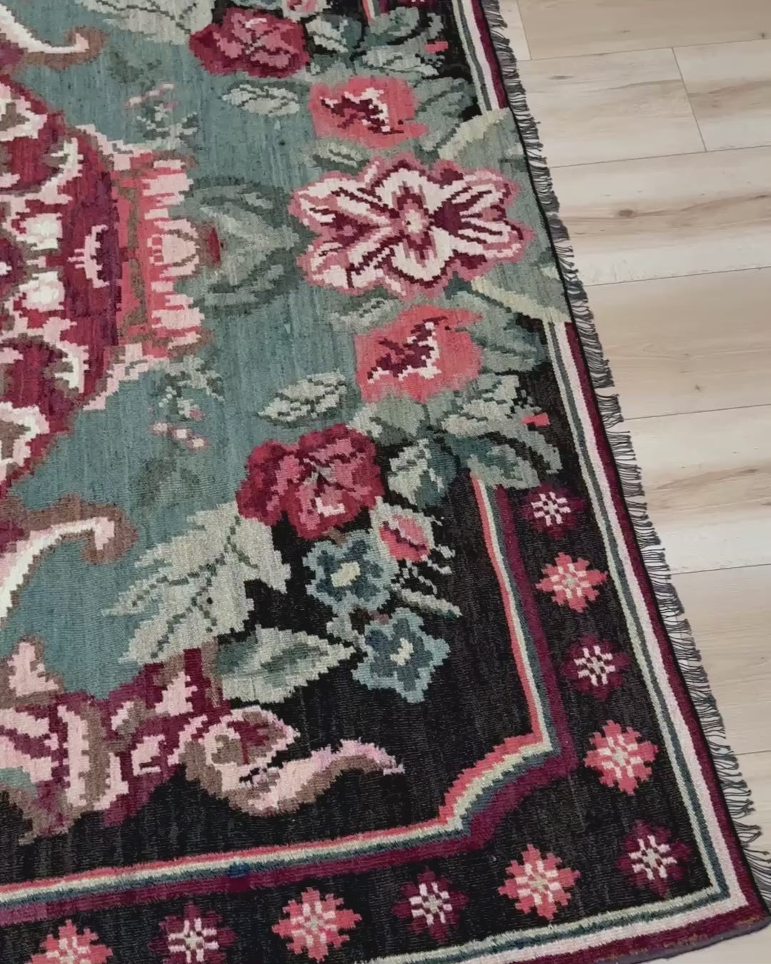 Vintage Moldovan rose kilim floral rug handmade wool flatweave 6x10  from Indigo Rugs Burlingame Bay Area.