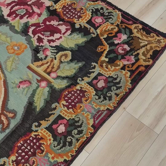 Vintage Moldovan rose kilim rug 7x11 with floral design in charcoal, rose, and sage hues – handmade wool flatweave from Eastern Europe, available at the best rug shop in San Mateo, SF Bay Area with free shipping.
