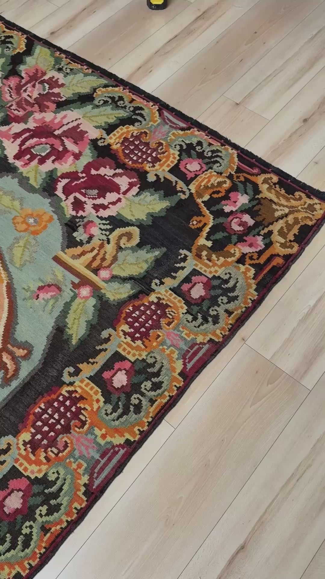 Vintage Moldovan rose kilim rug 7x11 with floral design in charcoal, rose, and sage hues – handmade wool flatweave from Eastern Europe, available at the best rug shop in San Mateo, SF Bay Area with free shipping.