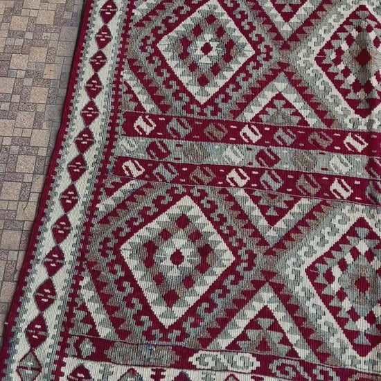 Vintage kurdish van kilim rug 5x8 red beige geometric flatweave eastern anatolia handmade wool tribal rug.