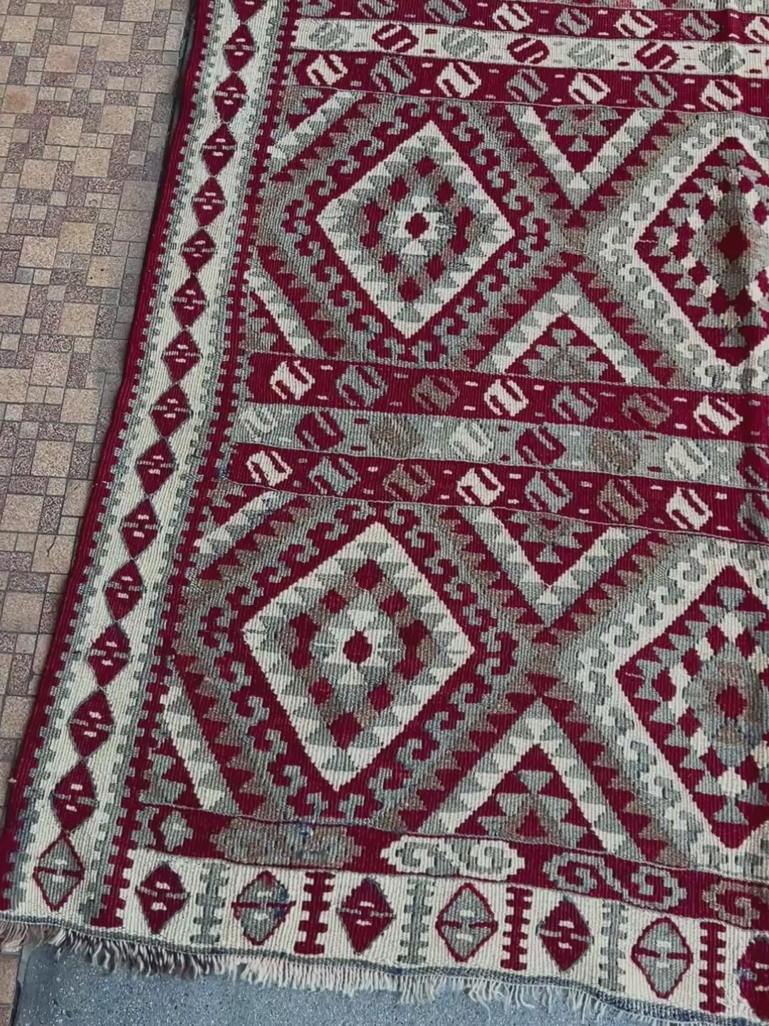Vintage kurdish van kilim rug 5x8 red beige geometric flatweave eastern anatolia handmade wool tribal rug.