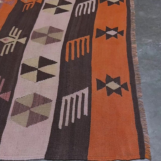 Earthy Vintage Central Anatolian Turkish kilim rug, 6x8 with horizontal tribal bands and geometric motifs. 