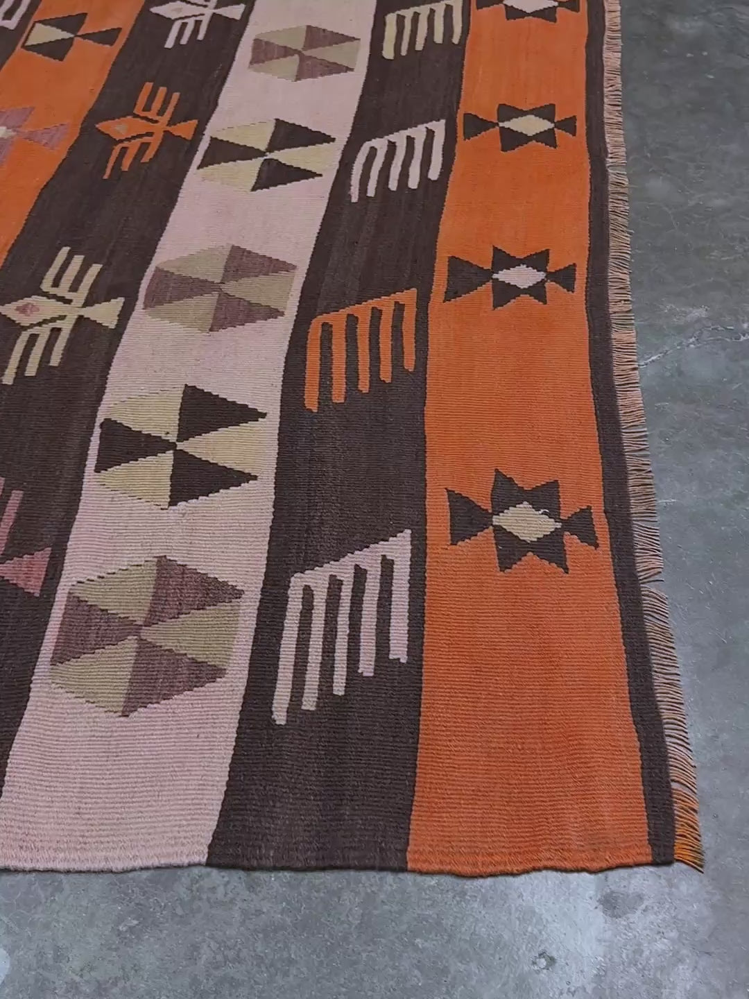 Earthy Vintage Central Anatolian Turkish kilim rug, 6x8 with horizontal tribal bands and geometric motifs. 