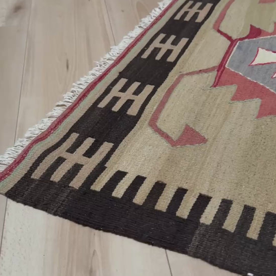 Vintage Mut kilim rug 3x5 in sage beige, brick red, and charcoal brown — hand-woven Turkish flatweave from 1970s, sold by Indigo Rugs in Burlingame / San Francisco Bay Area.