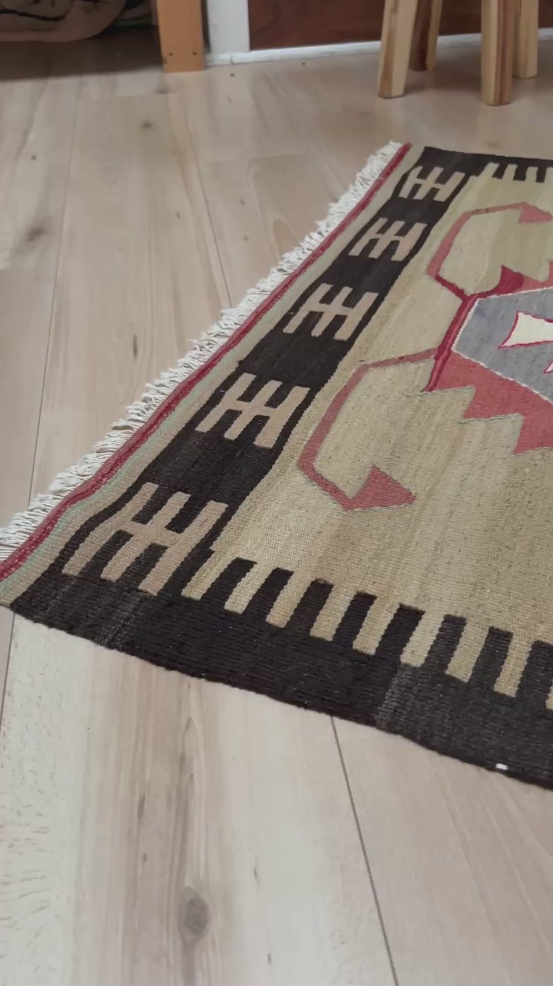 Vintage Mut kilim rug 3x5 in sage beige, brick red, and charcoal brown — hand-woven Turkish flatweave from 1970s, sold by Indigo Rugs in Burlingame / San Francisco Bay Area.