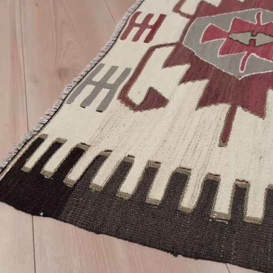 Vintage Mut Kilim 3x5 Navajo-style Turkish flatweave rug in brick red, taupe, and ivory geometric pattern — handmade wool tribal rug for entryway, kitchen, or wall hanging — Indigo Rugs Burlingame CA