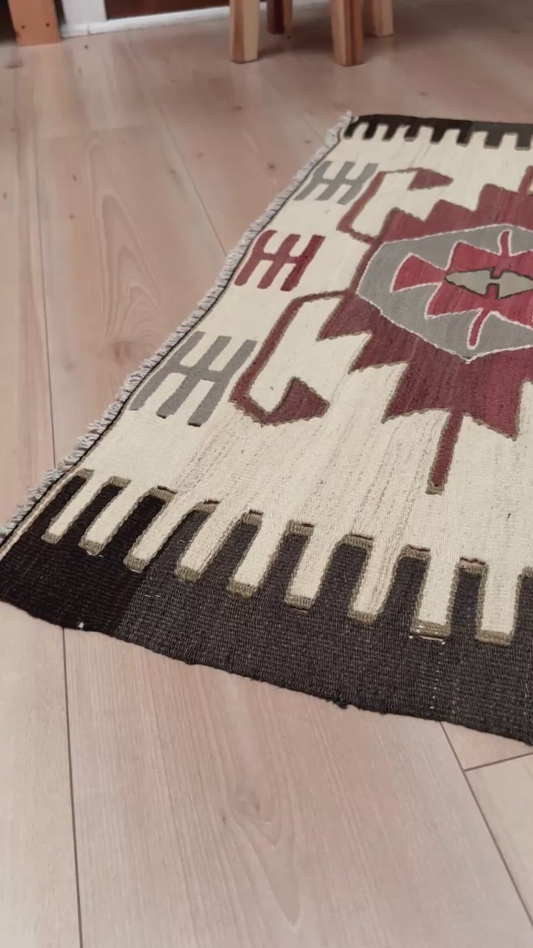 Vintage Mut Kilim 3x5 Navajo-style Turkish flatweave rug in brick red, taupe, and ivory geometric pattern — handmade wool tribal rug for entryway, kitchen, or wall hanging — Indigo Rugs Burlingame CA