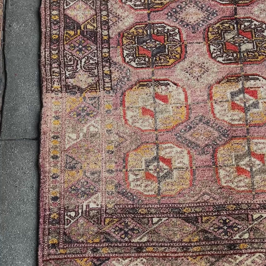 Earthy Muted Bukhara Turkmen rug  vintage handwoven wool carpet with tribal gul motifs and aged patina, 4x5 neutral area rug for entry under desk nursery, living room, bedroom, study, office.