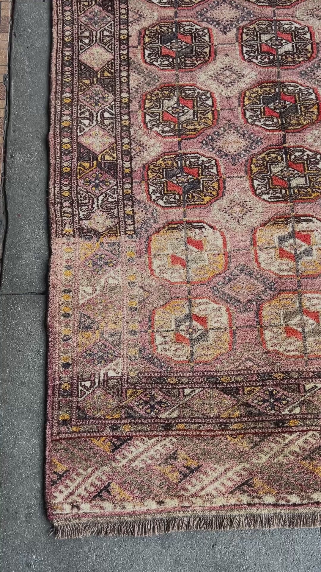 Earthy Muted Bukhara Turkmen rug  vintage handwoven wool carpet with tribal gul motifs and aged patina, 4x5 neutral area rug for entry under desk nursery, living room, bedroom, study, office.