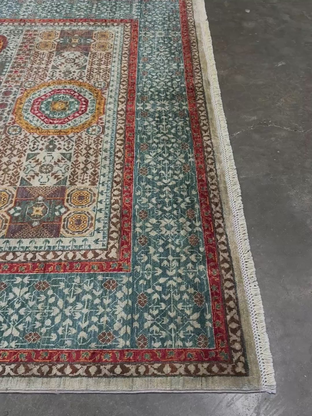 dusty teal 40x40 quality mamluk transitional handmade wool rug geometric medallion design warm ivory field 5x8 area rug indigo rugs san francisco bay area