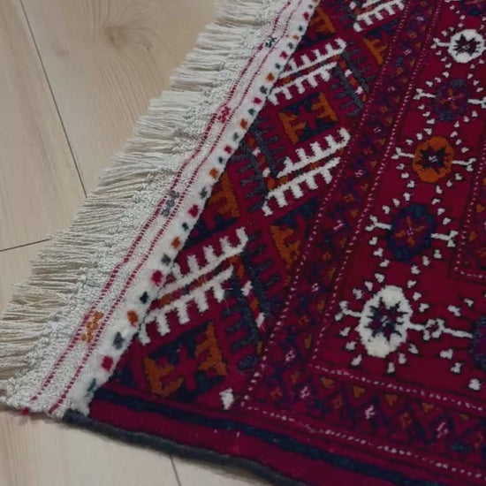 Crimson Red Bukhara Turkmen Mini Rug• Handmade Wool Carpet • 3x5 Small Scatter / Accent Rug for Entry, Bathroom, Bedroom, Kitchen, Study. From the best rug shop San Francisco Bay Area Burlingame Ca. Free Shipping