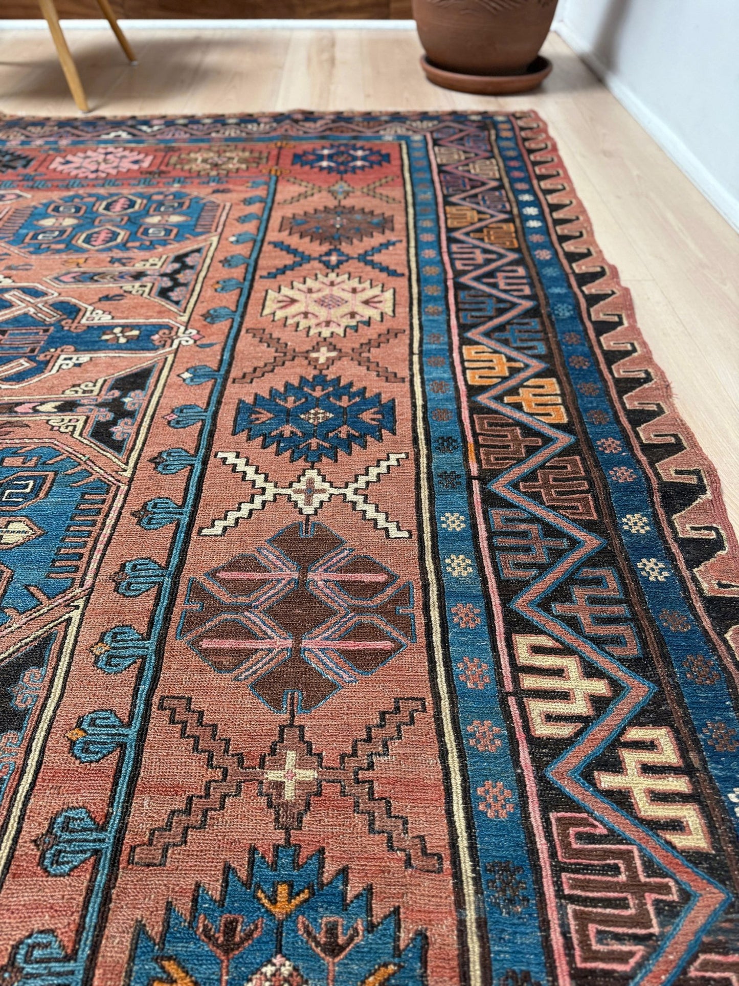 Late 19th century antique Konagkend Soumak rug from Kuba, Caucasus – 7x10 tribal flatweave with indigo, terracotta, and copper brown tones, available at the best rug shop in San Mateo, SF Bay Area with free shipping.