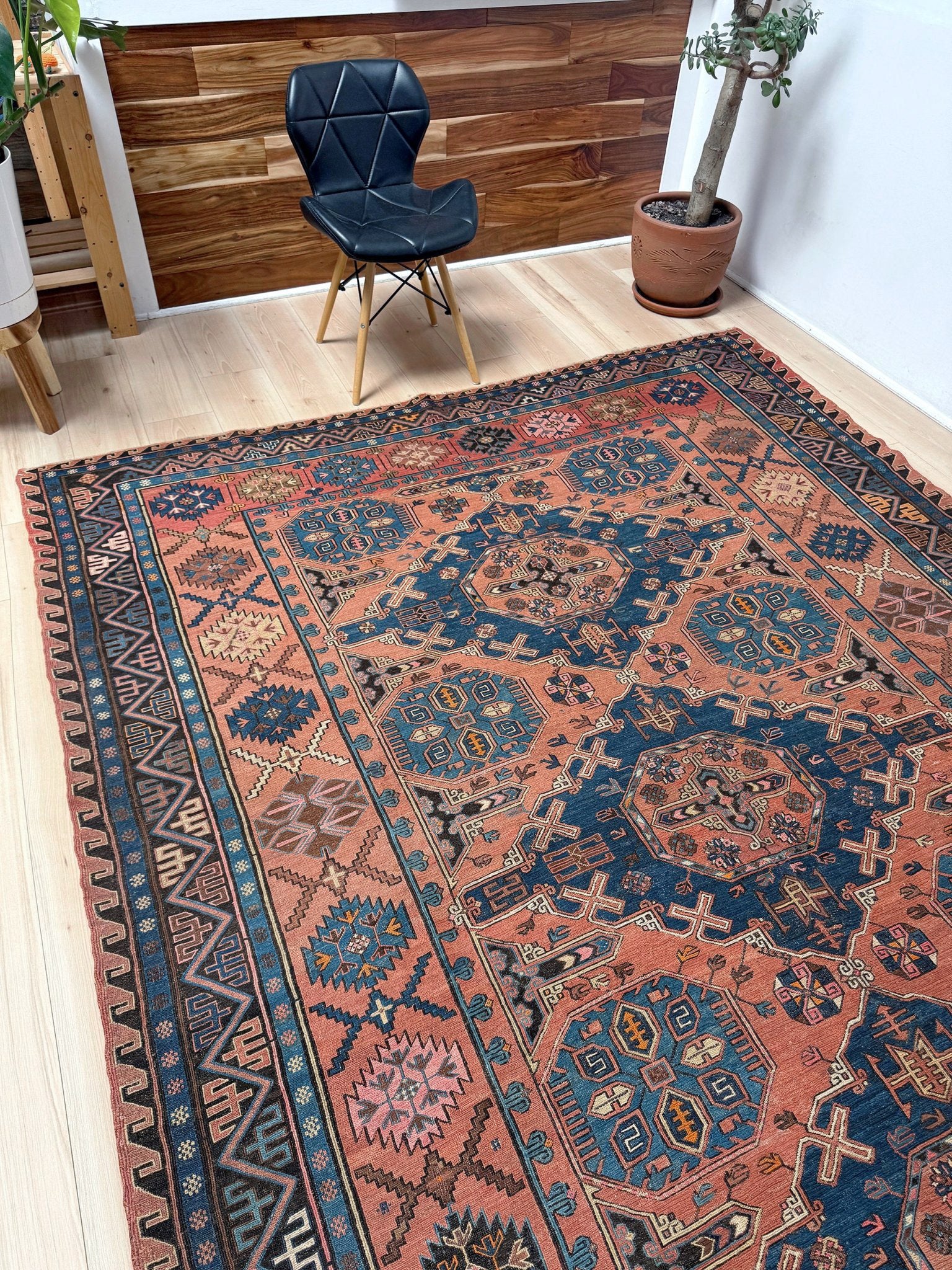 Late 19th century antique Konagkend Soumak rug from Kuba, Caucasus – 7x10 tribal flatweave with indigo, terracotta, and copper brown tones, available at the best rug shop in San Mateo, SF Bay Area with free shipping.