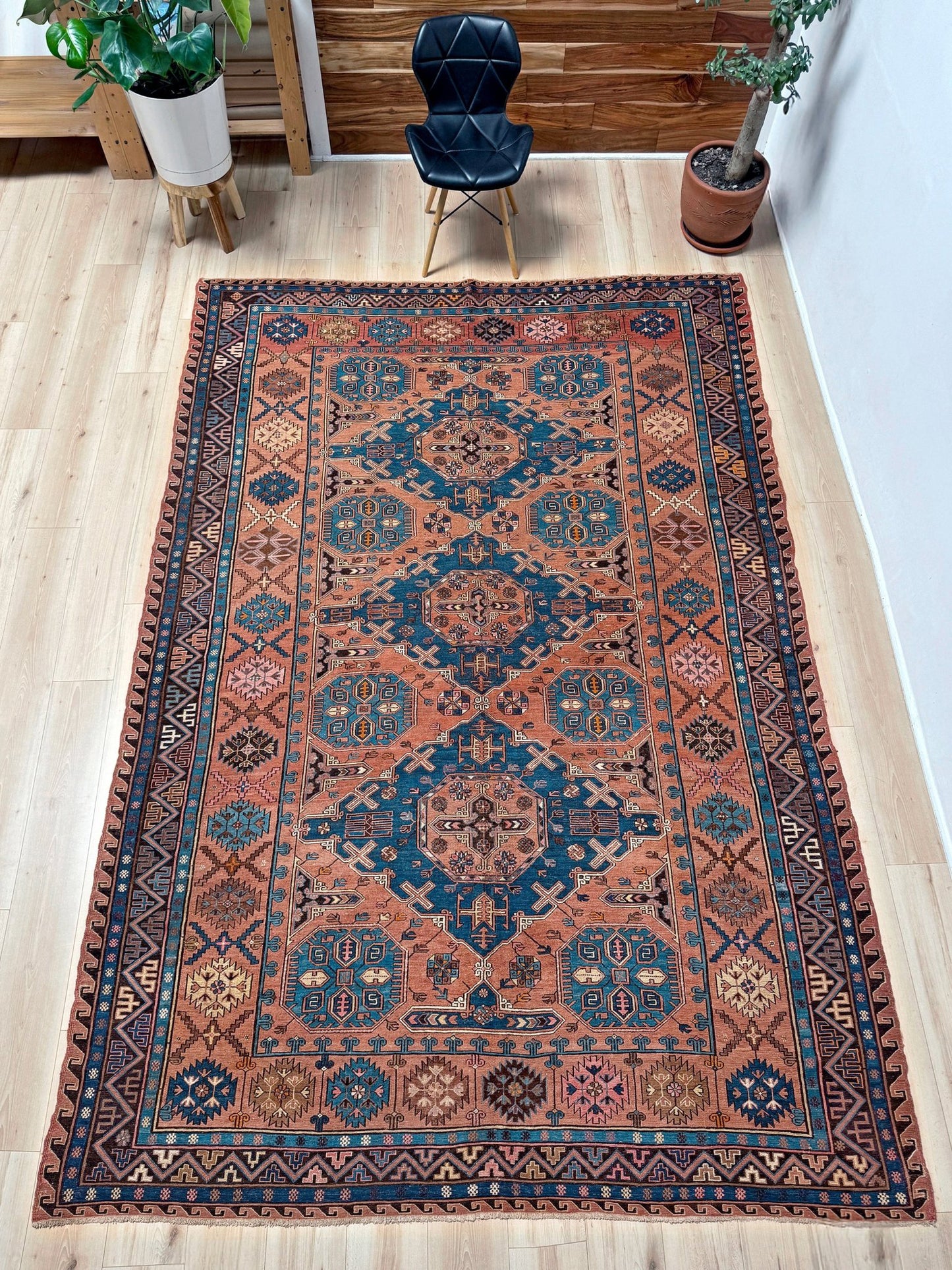 Late 19th century antique Konagkend Soumak rug from Kuba, Caucasus – 8x10 tribal flatweave with indigo, terracotta, and copper brown tones, available at the best rug shop in San Mateo, SF Bay Area with free shipping.