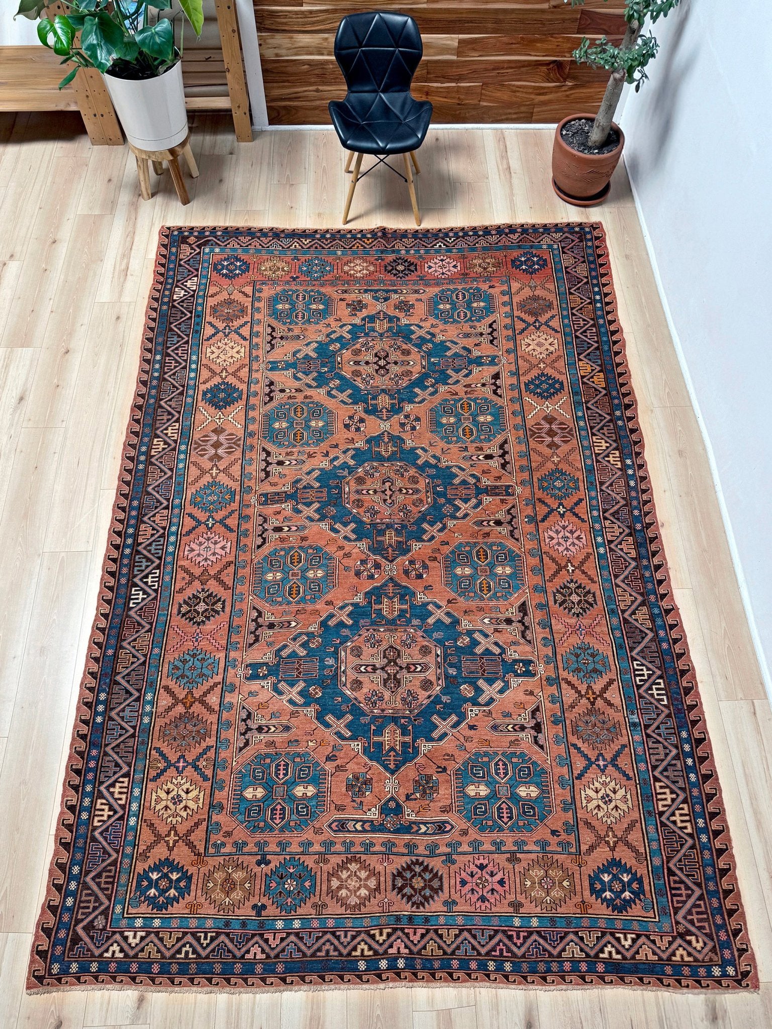 Late 19th century antique Konagkend Soumak rug from Kuba, Caucasus – 8x10 tribal flatweave with indigo, terracotta, and copper brown tones, available at the best rug shop in San Mateo, SF Bay Area with free shipping.