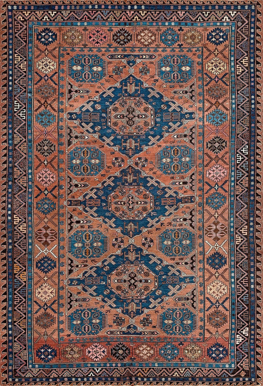 Late 19th century antique Konagkend Soumak rug from Kuba, Caucasus – 8x10 tribal flatweave with indigo, terracotta, and copper brown tones, available at the best rug shop in San Mateo, SF Bay Area with free shipping.
