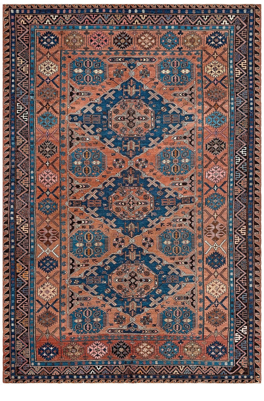 A traditional hand-knotted area rug with a geometric pattern, featuring a dusty terracotta center field, deep blue medallions, and a dark brown border. Late 19th century antique Konagkend Soumak rug from Kuba, Caucasus – 8x10 tribal flatweave with indigo, terracotta, and copper brown tones, available at the best rug shop in SF Bay Area.