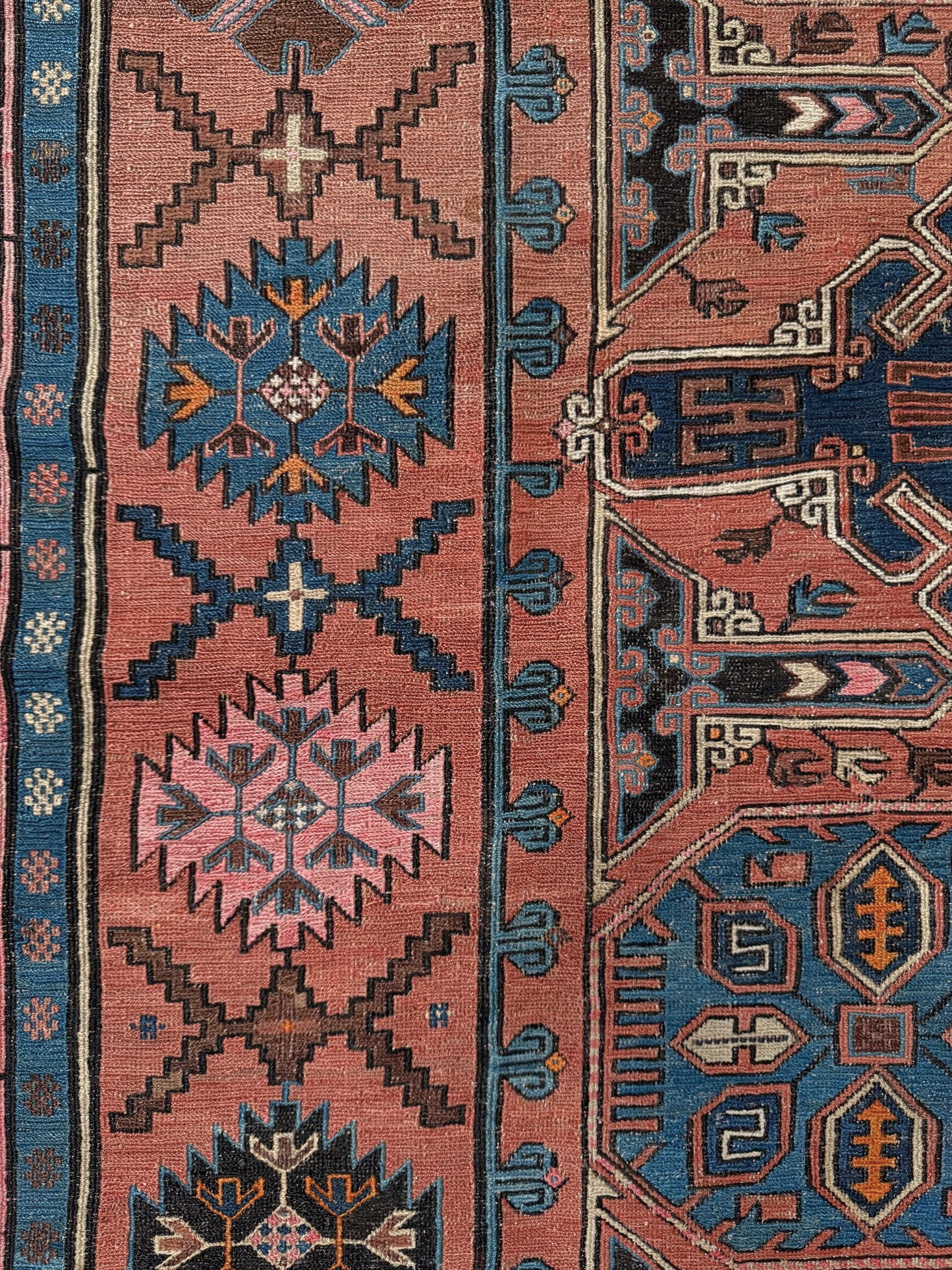 Late 19th century antique Konagkend Soumak rug from Kuba, Caucasus – 7x10 tribal flatweave with indigo, terracotta, and copper brown tones, available at the best rug shop in San Mateo, SF Bay Area with free shipping.
