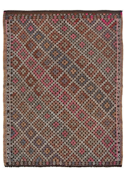 Patterned rug with geometric design on a plain background. Earthy Vintage Turkish cicim kilim rug, 5x7 Anatolian flatweave with embroidered geometric motifs in brown, ivory, dusty rose, and slate blue