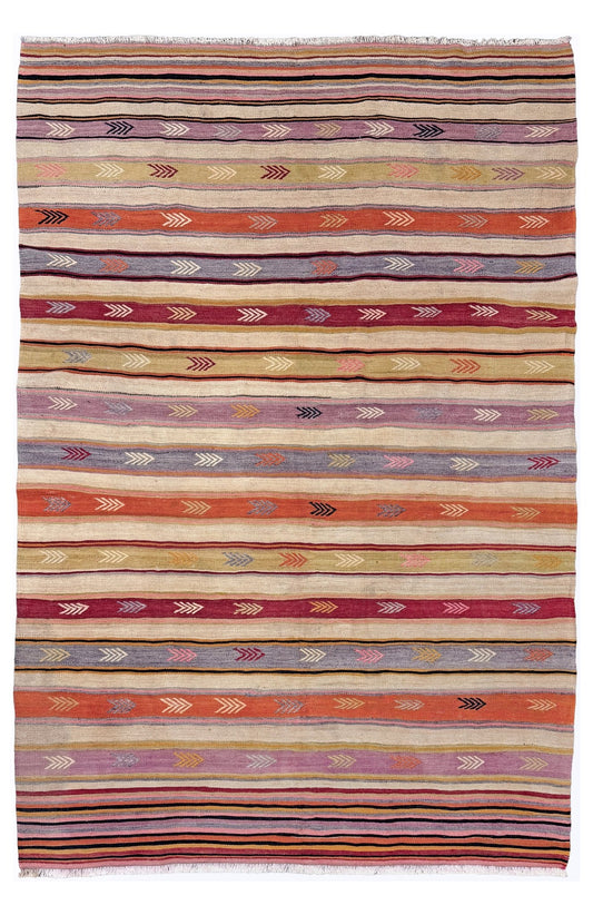 Striped rug with multicolor pattern on a white background. Vintage Anatolian kilim rug, 6x8 with horizontal arrow motifs in sun-washed tones.