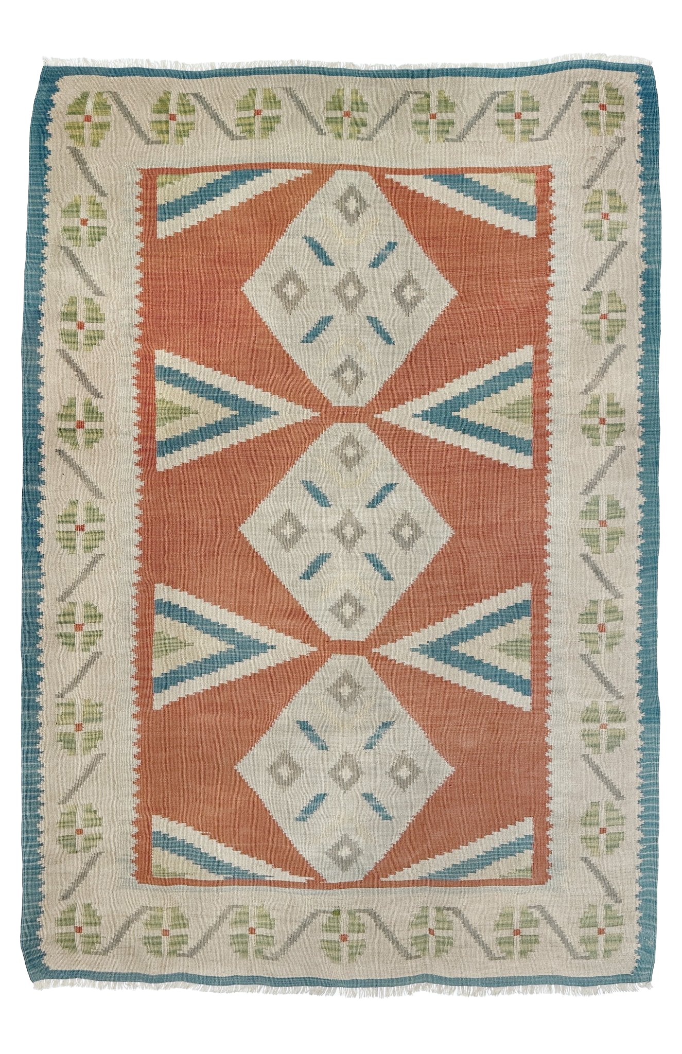 Rectangular rug with geometric pattern on a white background. Vintage Turkish Malatya kilim rug with coral red field and diamond medallions, handwoven Anatolian flatweave 5x8 geometric wool rug
