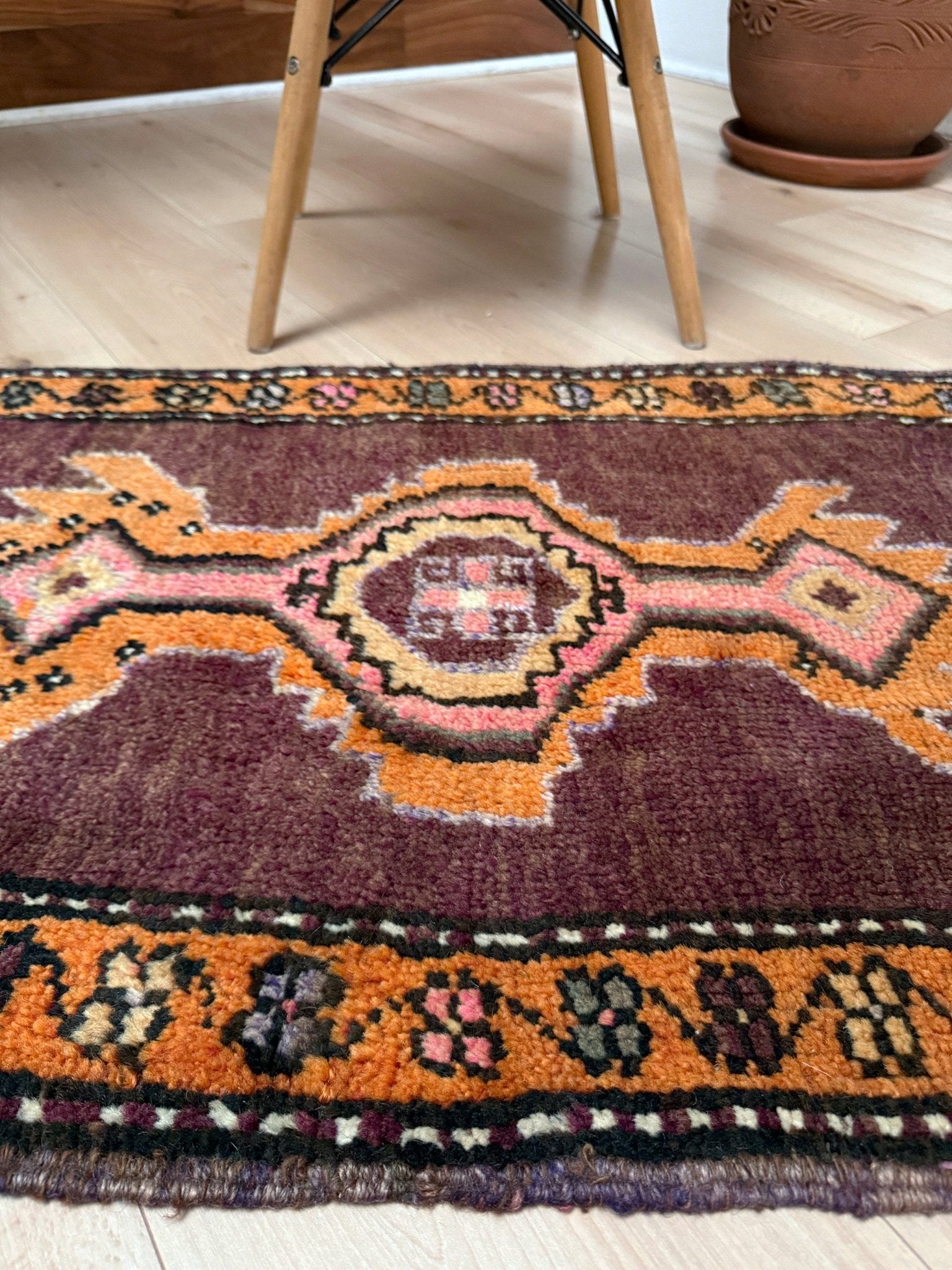 2x3 brown pink orange Vintage turkish wool mini rug for entry, kitchen, bathroom, under the desk. Handmade small skinny carpet rug from the best rug shop san francisco bay area. Free shipping to US and Canada.