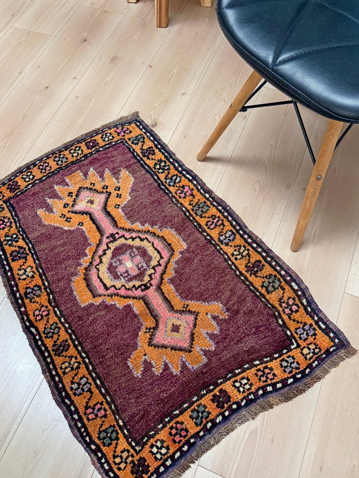 2x3 brown pink orange Vintage turkish wool mini rug for entry, kitchen, bathroom, under the desk. Handmade small skinny carpet rug from the best rug shop san francisco bay area. Free shipping to US and Canada.