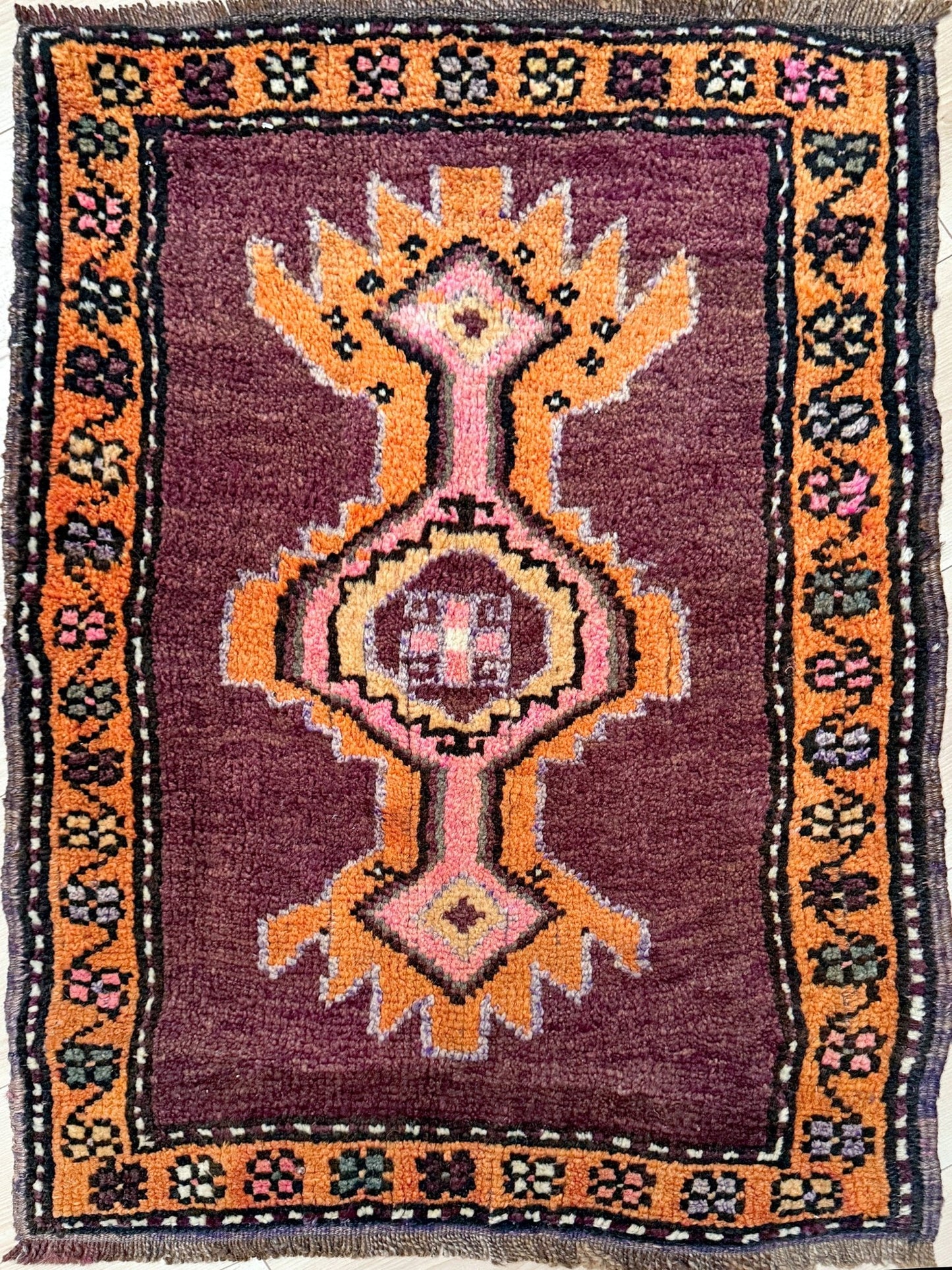 2x3 brown pink orange Vintage turkish wool mini rug for entry, kitchen, bathroom, under the desk. Handmade small skinny carpet rug from the best rug shop san francisco bay area. Free shipping to US and Canada.