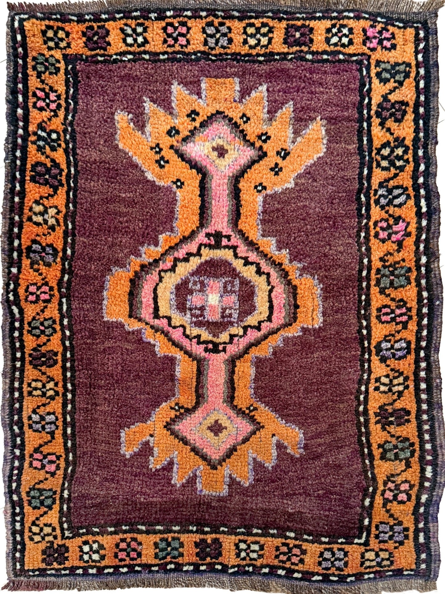 2x3 brown pink orange Vintage turkish wool mini rug for entry, kitchen, bathroom, under the desk. Handmade small skinny carpet rug from the best rug shop san francisco bay area. Free shipping to US and Canada.