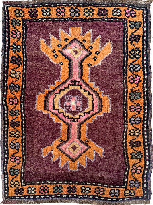 2x3 brown pink orange Vintage turkish wool mini rug for entry, kitchen, bathroom, under the desk. Handmade small skinny carpet rug from the best rug shop san francisco bay area. Free shipping to US and Canada.
