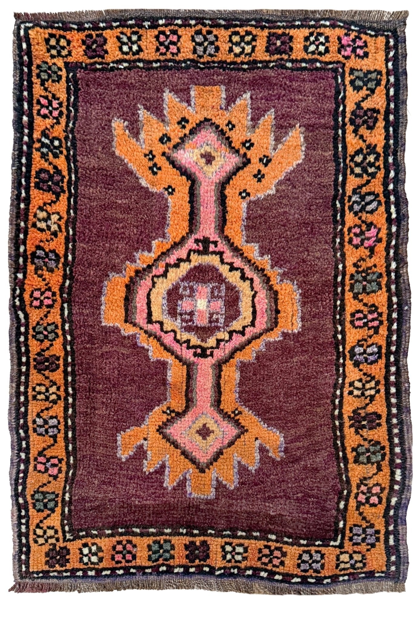 2x3 brown pink orange Vintage turkish wool mini rug for entry, kitchen, bathroom, under the desk. Handmade small skinny carpet rug from the best rug shop san francisco bay area. Free shipping to US and Canada.