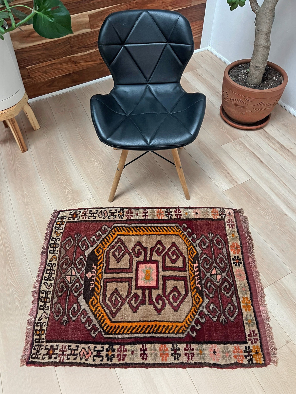 Earthy color Vintage Turkish mini rug Square with maroon, taupe, mustard, and charcoal tribal motifs — handmade wool small rug for entryway, kitchen, or bathroom