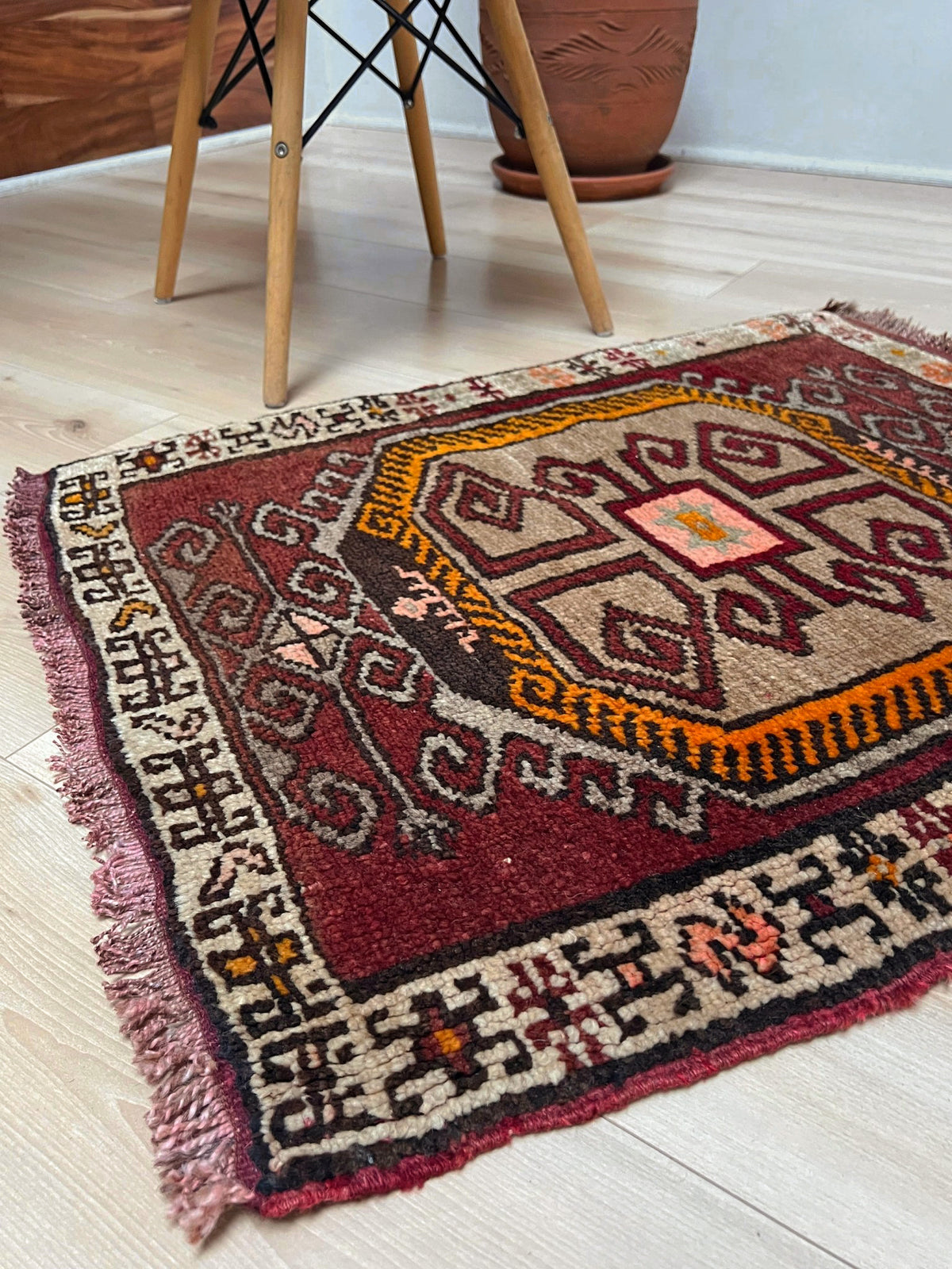 Earthy color Vintage Turkish mini rug Square with maroon, taupe, mustard, and charcoal tribal motifs — handmade wool small rug for entryway, kitchen, or bathroom
