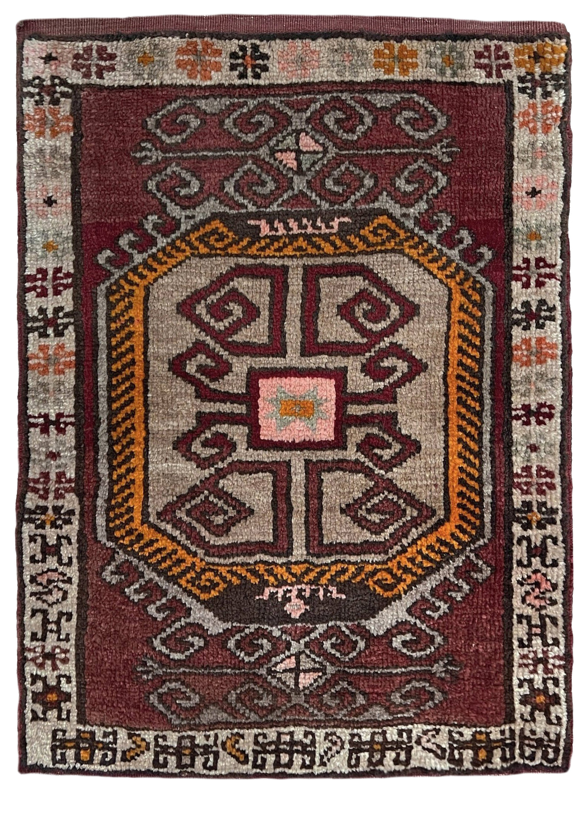 Earthy color Vintage Turkish mini rug Square with maroon, taupe, mustard, and charcoal tribal motifs — handmade wool small rug for entryway, kitchen, or bathroom