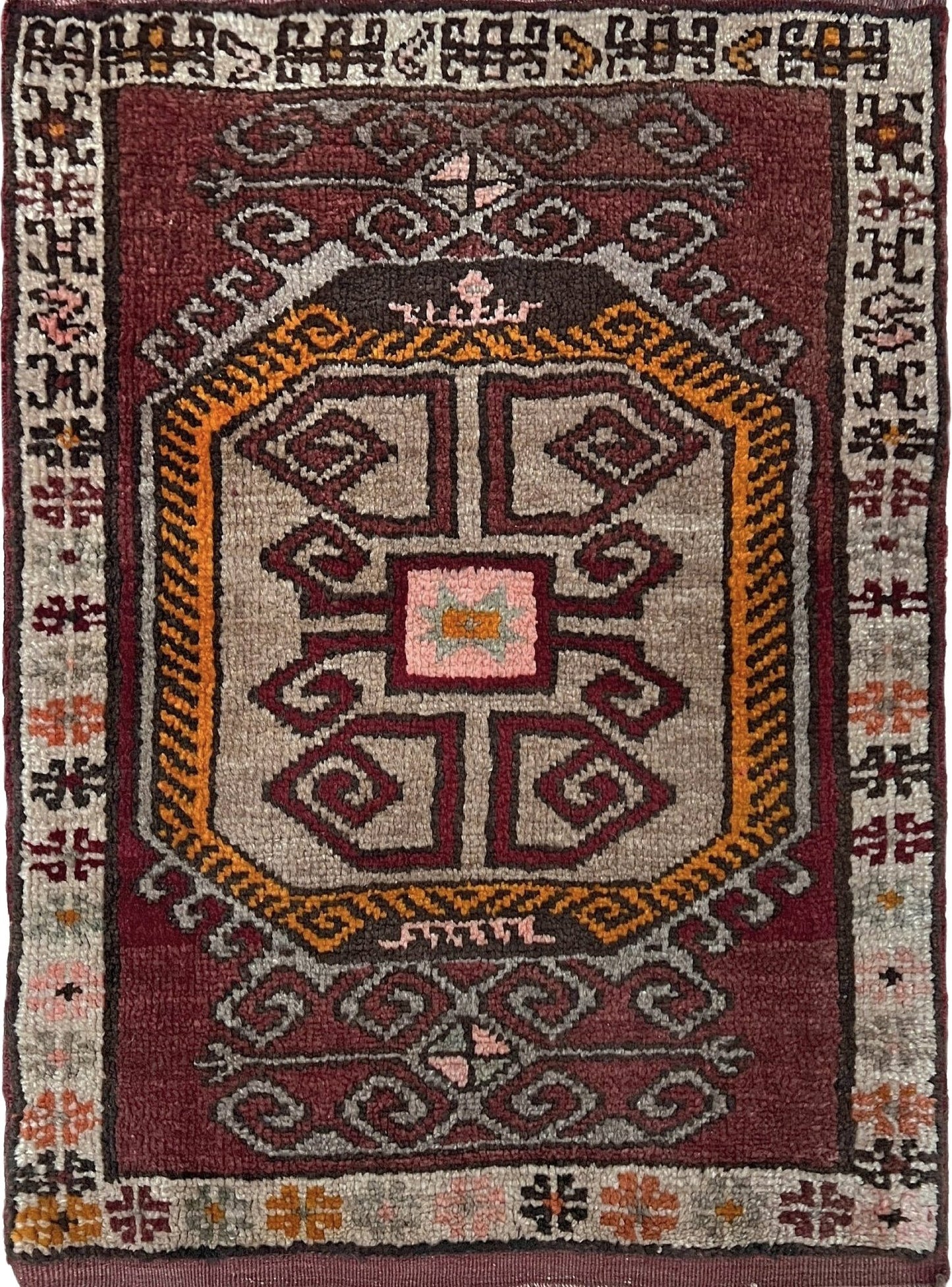 Earthy color Vintage Turkish mini rug 28x33 with maroon, taupe, mustard, and charcoal tribal motifs — handmade wool small rug for entryway, kitchen, or bathroom. Free shipping from the best rug shop in the San Francisco Bay Area, Burlingame CA.