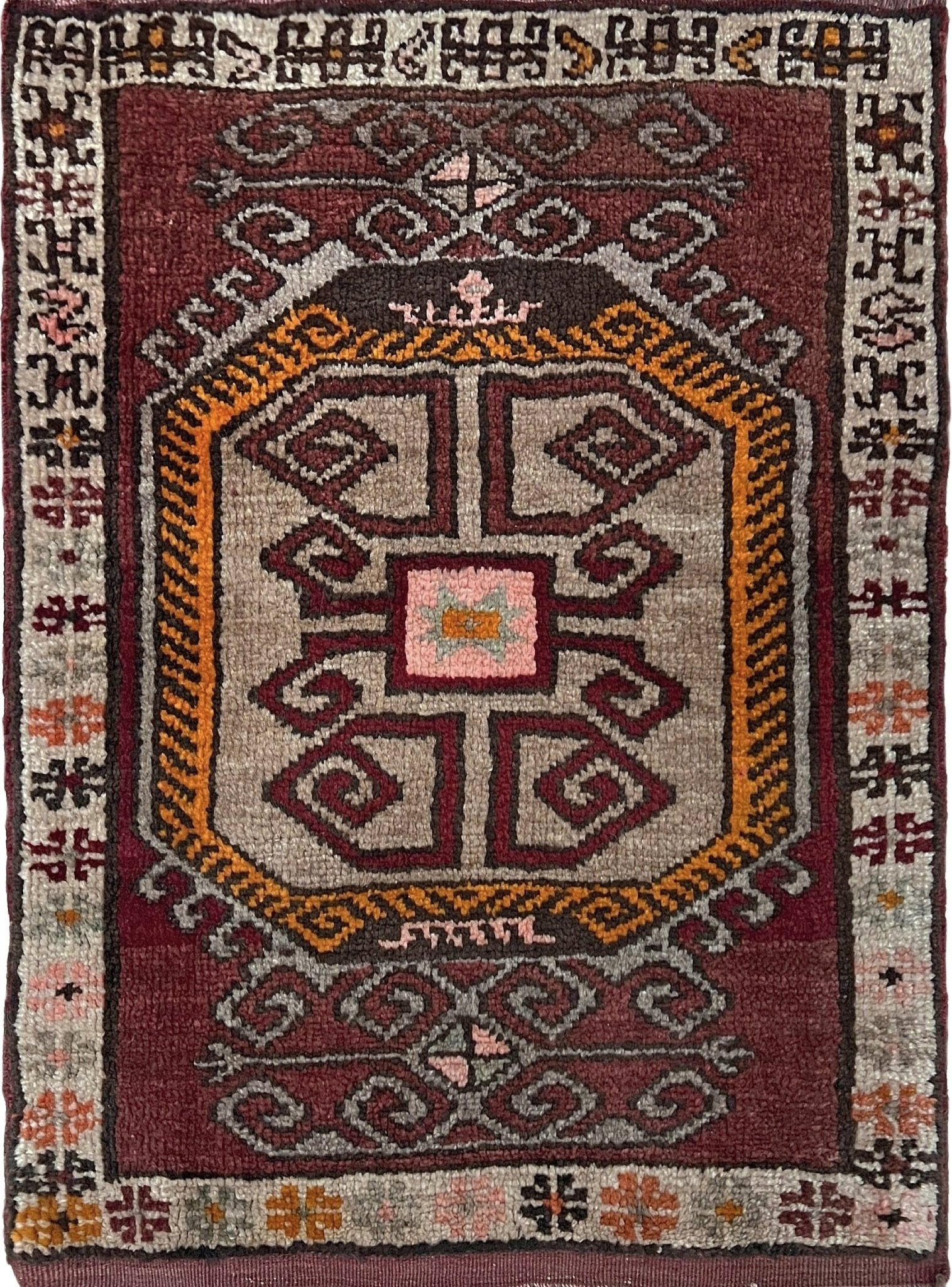 Earthy color Vintage Turkish mini rug 28x33 with maroon, taupe, mustard, and charcoal tribal motifs — handmade wool small rug for entryway, kitchen, or bathroom. Free shipping from the best rug shop in the San Francisco Bay Area, Burlingame CA.