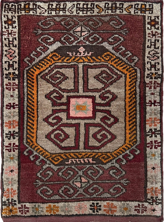 Earthy color Vintage Turkish mini rug 28x33 with maroon, taupe, mustard, and charcoal tribal motifs — handmade wool small rug for entryway, kitchen, or bathroom. Free shipping from the best rug shop in the San Francisco Bay Area, Burlingame CA.