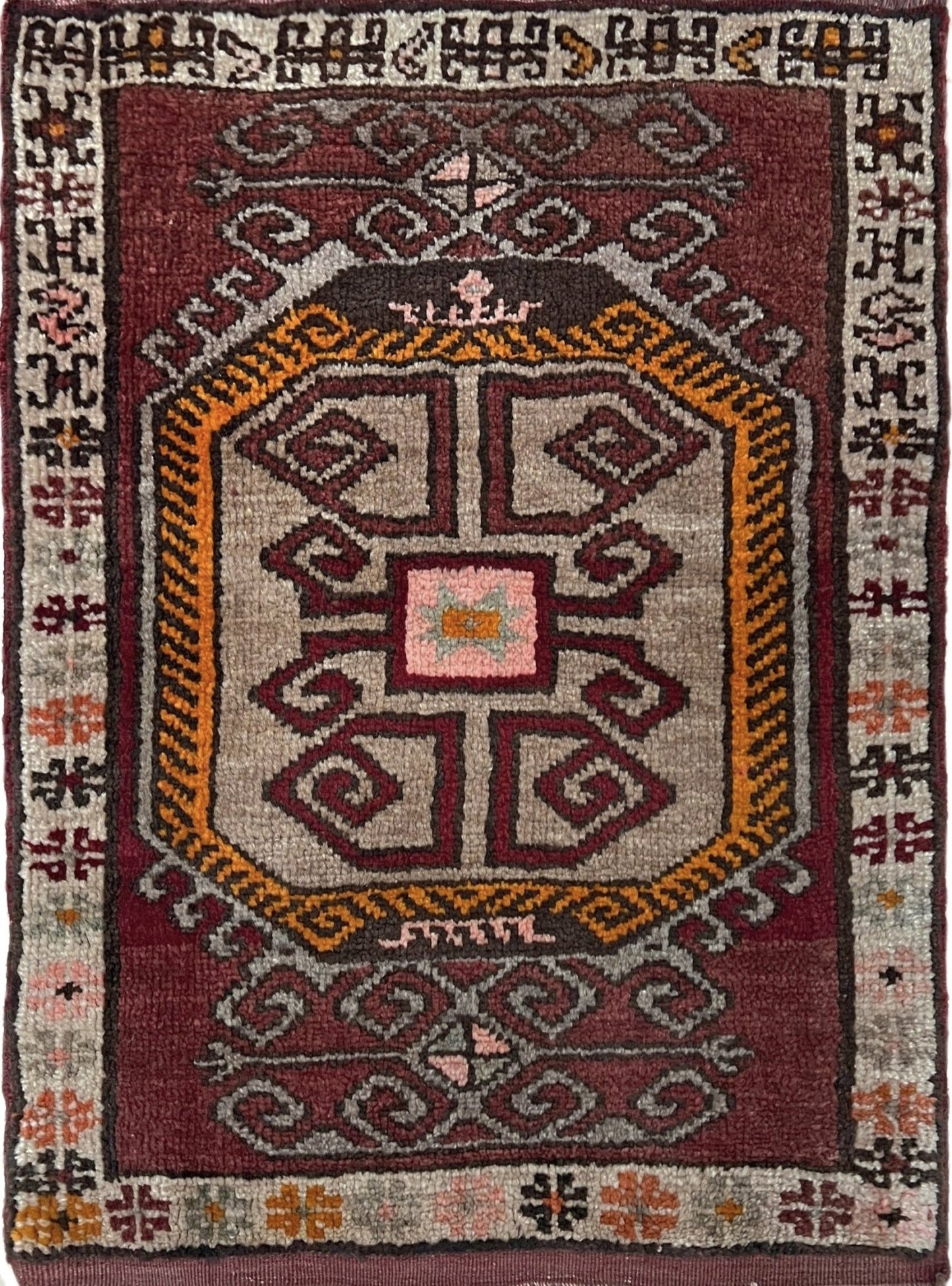 Vintage Turkish mini rug 28x33 with maroon, taupe, mustard, and charcoal tribal motifs — handmade wool small rug for entryway, kitchen, or bathroom. Free shipping from the best rug shop in the San Francisco Bay Area, Burlingame CA.