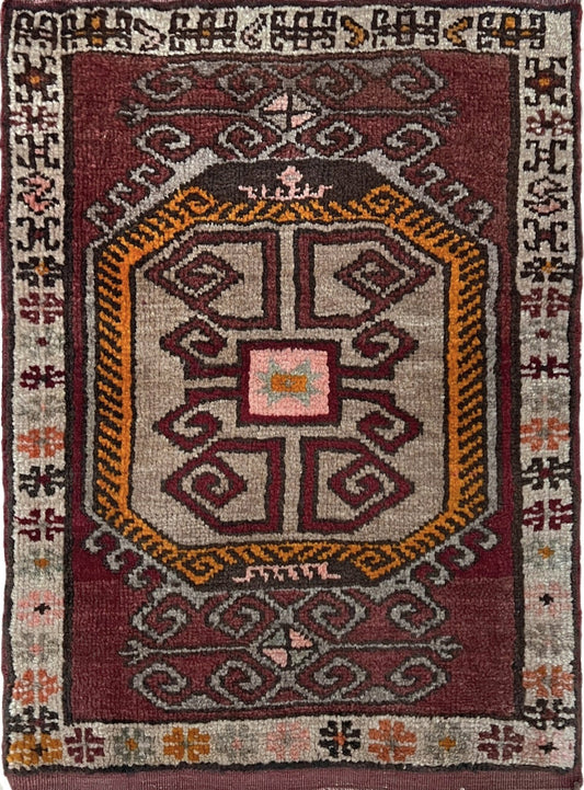 Vintage Turkish mini rug 28x33 with maroon, taupe, mustard, and charcoal tribal motifs — handmade wool small rug for entryway, kitchen, or bathroom. Free shipping from the best rug shop in the San Francisco Bay Area, Burlingame CA.