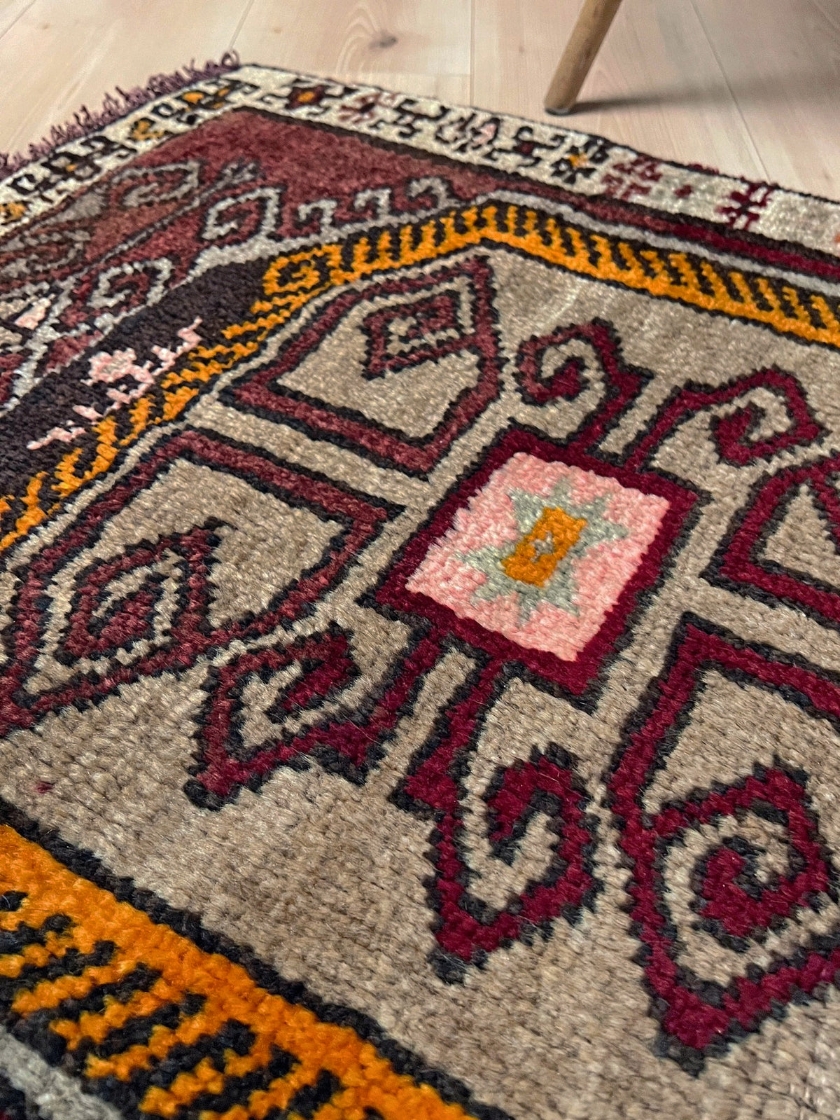 Earthy color Vintage Turkish mini rug Square with maroon, taupe, mustard, and charcoal tribal motifs — handmade wool small rug for entryway, kitchen, or bathroom