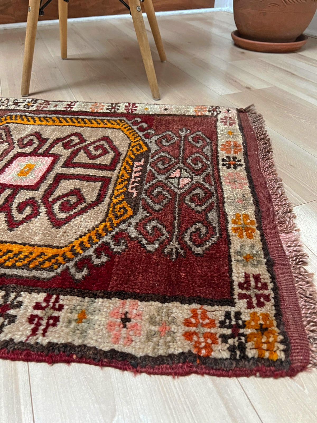 Earthy color Vintage Turkish mini rug Square with maroon, taupe, mustard, and charcoal tribal motifs — handmade wool small rug for entryway, kitchen, or bathroom